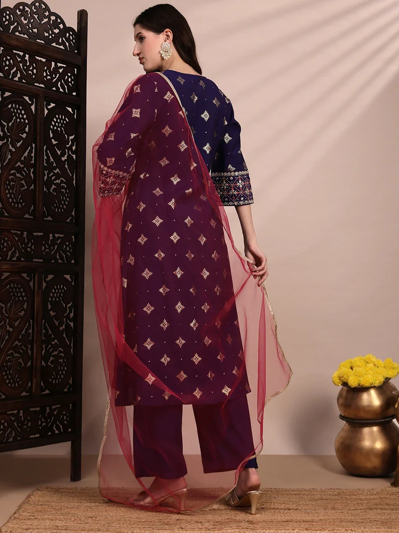 globus Purple Globus Women Purple Ethnic Motifs Foil Print Bell Sleeves V-Neck Sequinned & Zari Embroidered Detail A-Line Kurta With Pant & Net Dupatta Festive Set for Women | Best Price UAE